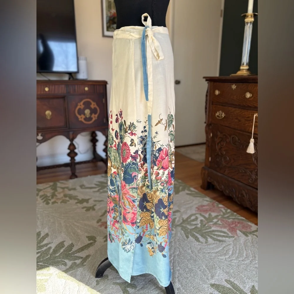 🌸 Vintage Floral Wrap Skirt – Cottagecore Linen Blend | One Size 🌸 - Picture 2 of 8